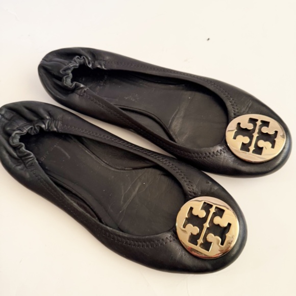 Tory Burch Black Reva Leather Black Ballet Flats Size 8 - Picture 2 of 6